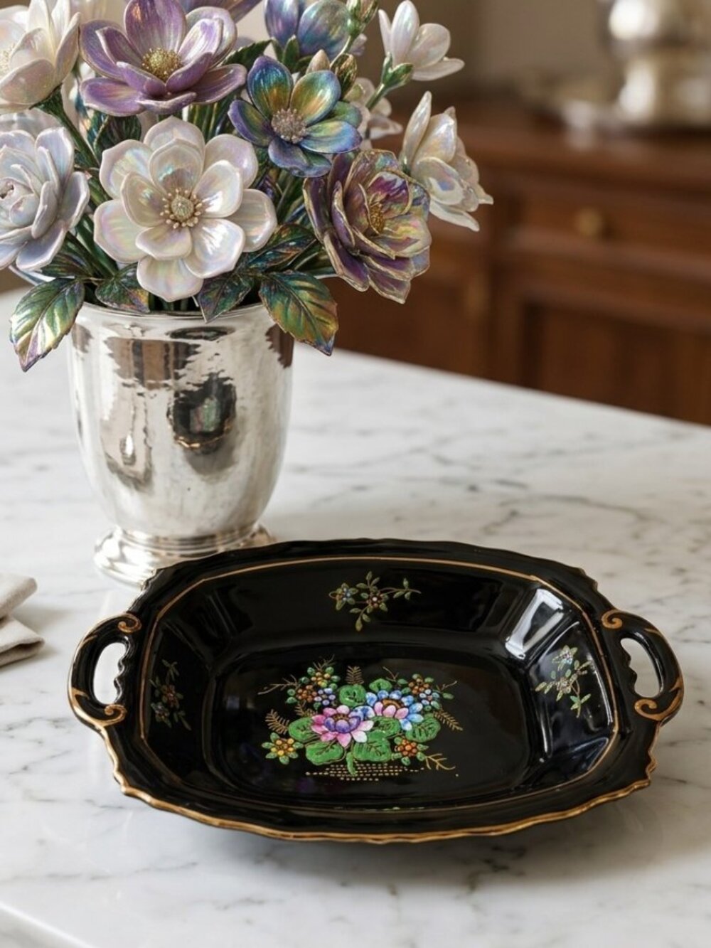 Vintage 1930s Japanese Floral Moriage Handpainted Black Glaze Handled Bowl